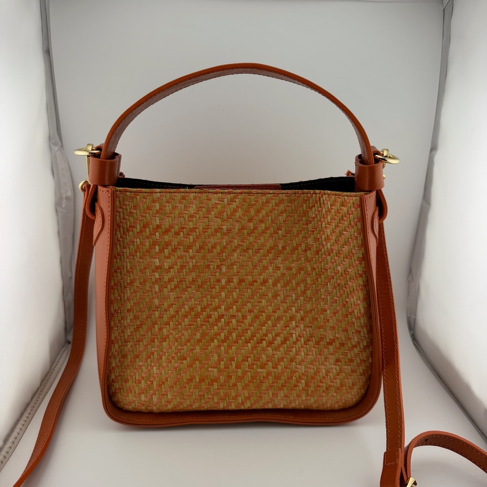 Anna Paola Woven Straw Leather Handbag Orange Tan Italy Crossbody Bag